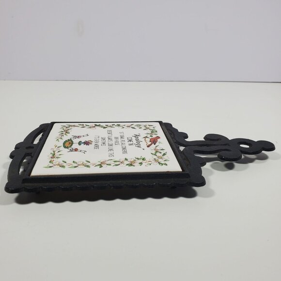 MCM Cast Metal Ceramic Tile Wall Plaque Trivet Vintage Apology Birds Flowers - Picture 9 of 14